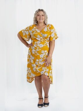 Addition Elle Floral Wrap Midi Dress in Yellow and Pink size 3X